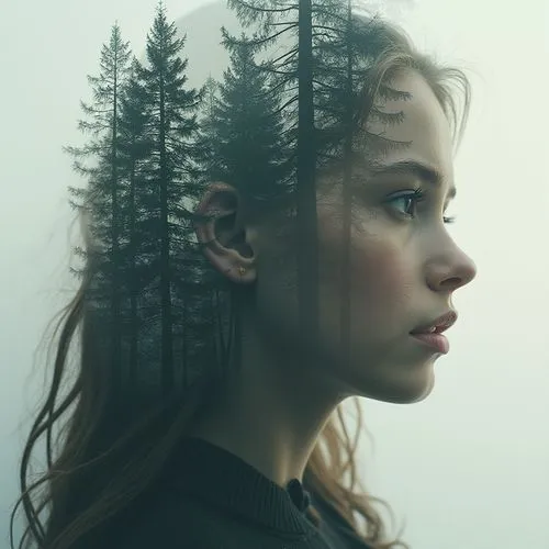 A girl's face, double exposure showing the forest, forest,the woman's head is reflected in trees,mystical portrait of a girl,girl with tree,girl portrait,portrait of a girl,melancholia,fantasy portrai