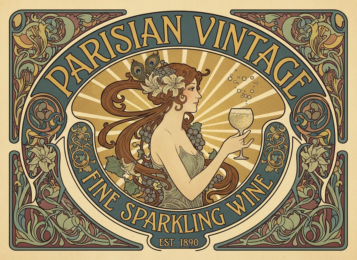 Un manifesto Art Nouveau con un layout ben bilanciato ed elegante, che mostra una chiara gerarchia tra l'immagine centrale e la tipografia personalizzata ispirata all'Art Nouveau.