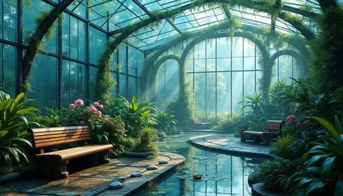 Cerulean blue greenhouse, futuristic architecture, transparent glass walls, steel frames, lush greenery, vines crawling up walls, exotic flowers blooming, soft natural light filtering through, warm mi