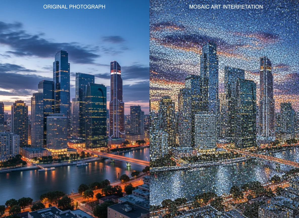 Un confronto affiancato che mostra una fotografia originale di un paesaggio urbano a sinistra e una versione dettagliata in mosaico artistico a destra.