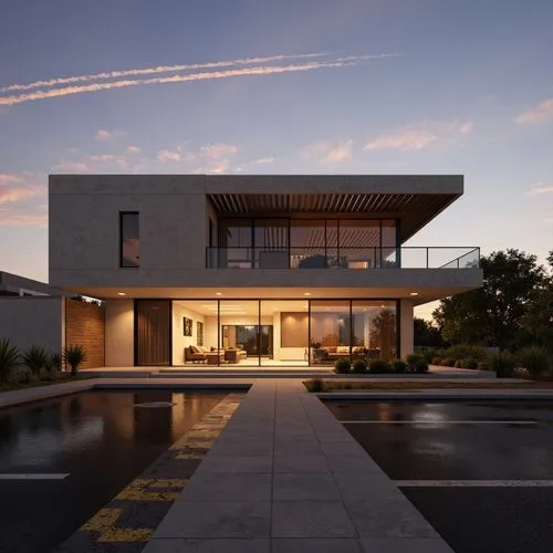 modern duplex villa, teak wood pergola, living room with warm lighting can be seen inside thru a vitrocsa minimalist large windows with partially covering blinds, the fence is made of painted concrete