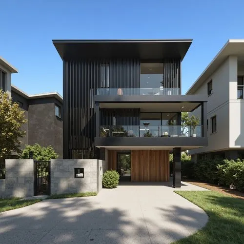 A photo-realistic shoot from a bird's eye view about a modern two-story house with a minimalist design, featuring a large entrance flanked by two smaller buildings on either side. the image also shows