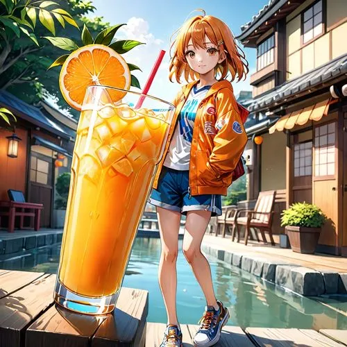 japanese style, manga, realistic,colors.summer,orange juice,an anime woman posing next to a large orange beverage,orange juice,fresh orange juice,yayoi,honoka,tsunayoshi,orangina,Anime,Anime,General