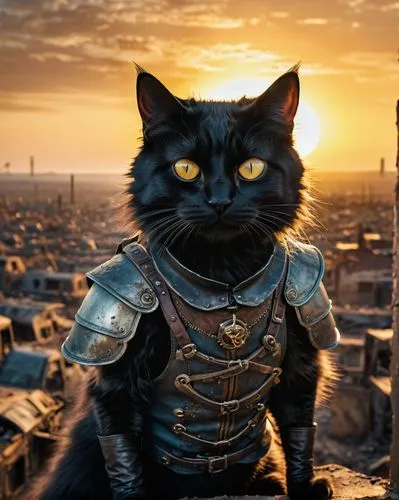 A talking black cat in the style of Alice in Wonderland, full of tricks and tricks, a rogue by profession. He shows off his pose with the sun setting in the background, in a post-apocalyptic setting.,