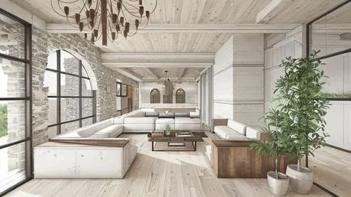 modern rustic living room. add lighting, trees. paint stone, wood, white plaster textures,kitchen design,wooden beams,loft,hardwood floors,wooden windows,modern kitchen interior,3d rendering,interior 
