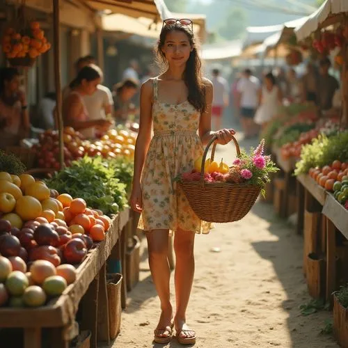 A teenage girl at a bustling farmer’s market, holding a basket filled with fresh fruits and flowers. She’s wearing a vintage-inspired sundress and sandals, with sunglasses perched on her head. Stalls 