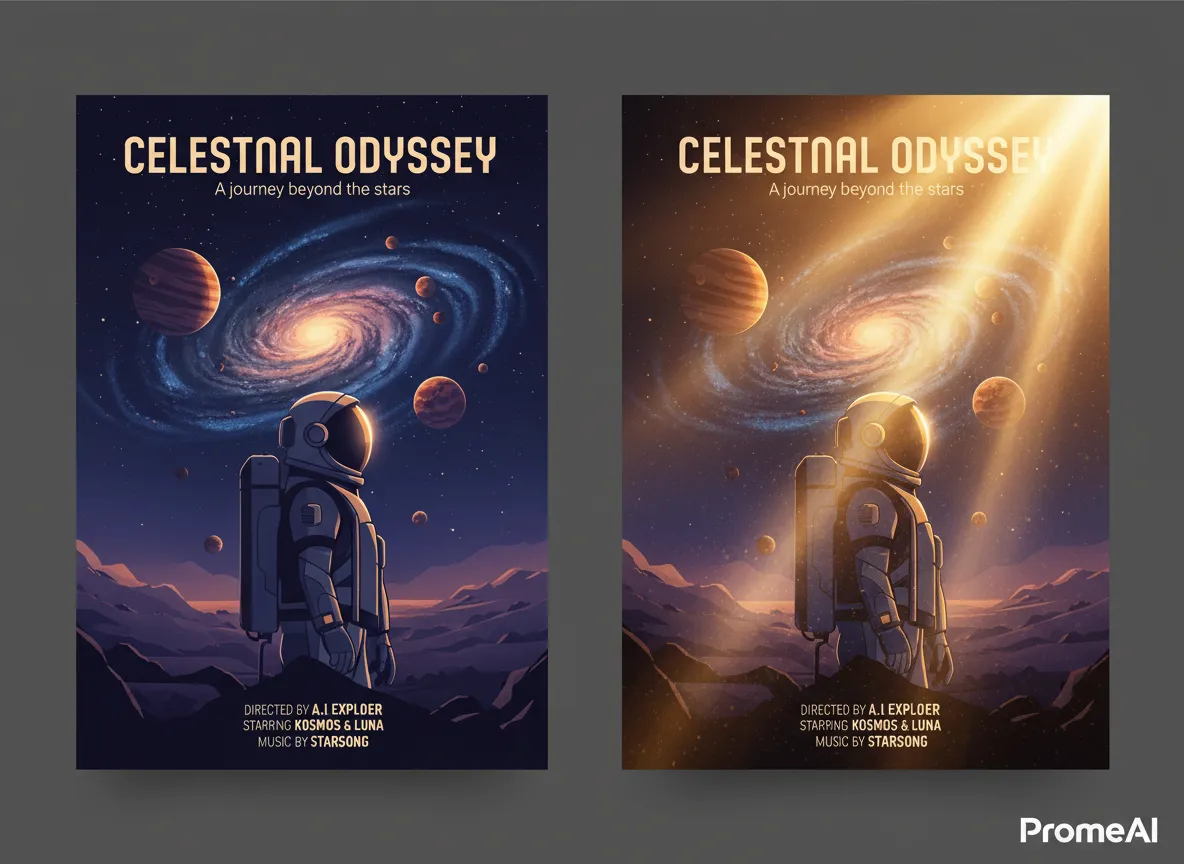एक साथ तुलना जो एक फ्लैट पोस्टर डिज़ाइन और उसी डिज़ाइन को दिखाती है जिसे PromeAI से सिनेमैटिक लाइटिंग प्रभाव और God Rays के साथ बेहतर बनाया गया है।