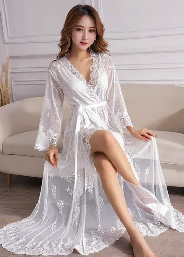 Sexy Women Lace Robes Nightwear Lounge White Bridal Nightgowns Bathrobe Women Lace Maxi Dress Lace Trimmed Bridal Party Robes,nightgown,white winter dress,bridal clothing,ao dai,white silk,nightwear,m