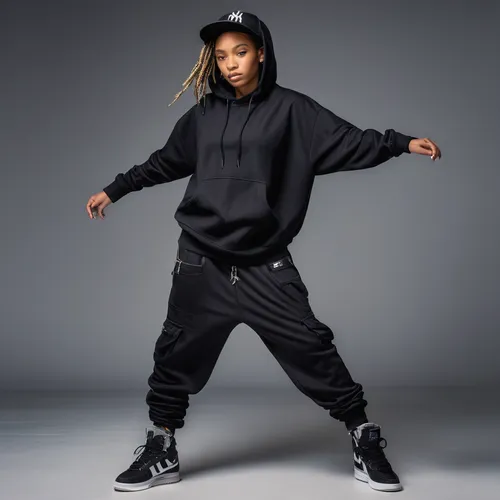 a tomboy wearing baggy clothes all black and is doing hip hop ,tracksuit,hip-hop dance,product photos,b-boying,hoodie,lupe,hiphop,sweatpant,street dancer,hip hop,kendrick lamar,active pants,hip-hop,ma