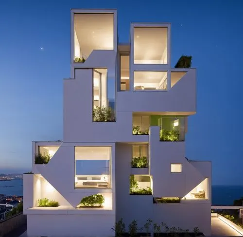 amazing Facade design, Modern architecture, green and sustainable design style, front view of building, Canon, roof garden,  8k, Full HD , glowing, A modern building illuminated at night with strategi