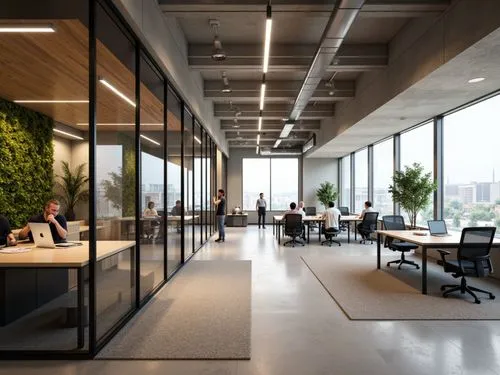 Modern office interior, sleek glass partitions, minimalist desks, ergonomic chairs, collaborative workspaces, acoustic ceiling panels, natural fiber carpets, abundant daylight, soft warm lighting, sha