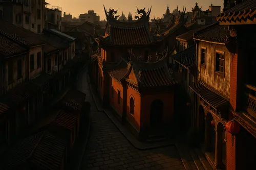 a street view of chinese rooftops at dusk,houses silhouette,narrow street,medieval street,roofs,the cobbled streets,medieval town,ancient city,alleyway,alleyways,rooftops,old city,city scape,old town,