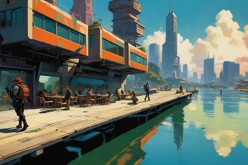  Game Scene, Wild angle view  Game Scene, Wild angle view a beautiful utopia  futuristic city, on the lake shore, modern  buildings,a bunch of people sit on benches next to a body of water,transistor,