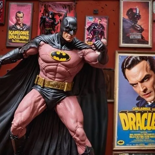 a batman action figure sitting next to posters,collectible action figures,batman,comic books,comic book,batmen,bats,vintage toys,bat,model kit,comic characters,collectables,batterers,comic book bubble