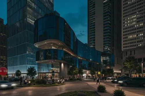 A digital rendering of a futuristic building with a curved glass facade at night. the building is situated in the middle of a busy city street, surrounded by tall skyscrapers. The and the street is il