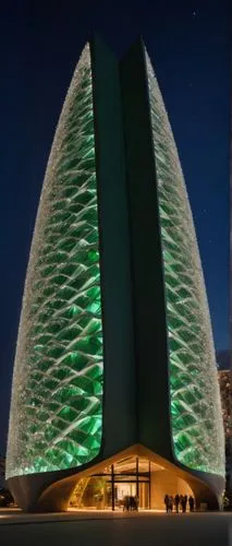 Diseña basado en las formas y colores navideños en especial el verde pino, una obra maestra de la arquitectura moderna con el estilo de zaha hadid, caracterizada por movimiento y curvas que se desvane
