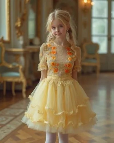 layered ruffle blouse with curly ruffle sleeves in pastel yellow with delicate orange flower embroidery ,a  in a dress standing in a room,little girl dresses,doll dress,little princess,little girl in 