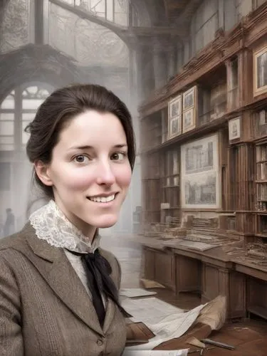 I want her to look like a very skilled businesswoman in finance with a lot of money and an architect of this era, realistic colors. Some blueprints in hand. 19th century, year 2025.,a digital painting