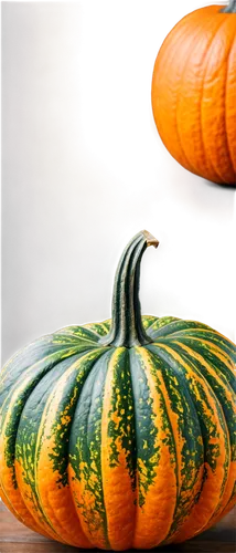 Pumpkin, orange, round, smooth surface, green stem, detailed texture, veins visible, warm lighting, 3/4 composition, shallow depth of field, cinematic color tone, autumn theme.,two pumpkins with green