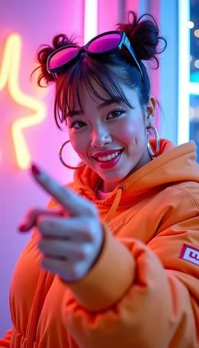 a woman with glasses making a gesture in front of neon signs,anorak,orange,neon,neon tea,neon lights,neon colors,orange color,neon light,orange half,neon coffee,bright orange,tracksuit,fresh orange,so