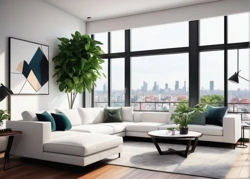 Modern luxury living room, 3D block diagram, minimalist style, white walls, dark wood floor, low-poly geometric shapes, sleek lines, Scandinavian furniture, L-shaped sofa, glass coffee table, metal la