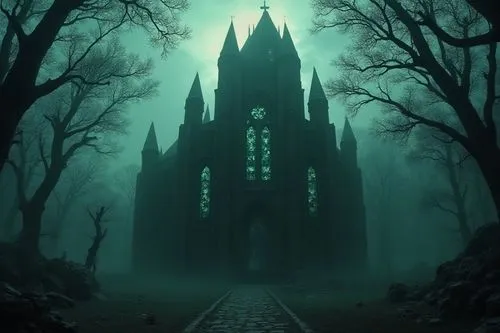A mysterious and terrifying scene of a twisted gothic cathedral rising in a foggy, moonlit swamp, its spires unnaturally elongated and bent at impossible angles, the stone appears to pulse faintly lik