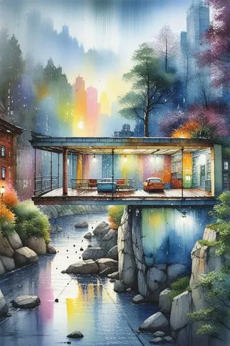 a bridge with lots of bright colored trees,watercolor tea shop,house by the water,ryokan,watercolor cafe,kinkade,world digital painting,watercolor background,jiangzhou,watercolor shops,house with lake