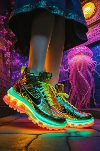 a stunning interpretation of nike shoe sneaker, made of jellyfish, advertsiement, solarpunk, highly detailed and intricate, golden ratio, very colorful, Drag Queen, hypermaximalist, ornate, luxury, hi