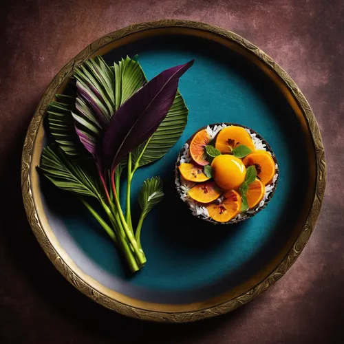 Craft a sumptuous food picture with an exotic twist,water lily plate,kaiseki,garnishes,banana flower,food icons,food styling,fruits icons,sushi art,food collage,garnish,gimbap,exotic fruits,edible flo
