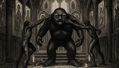 Viy from Gogol’s tale, a short, squat, clumsy giant covered in black earth, with sinewy limbs like tree roots, an iron face and iron fingers, enormous eyelids so heavy they drag along the ground, unab
