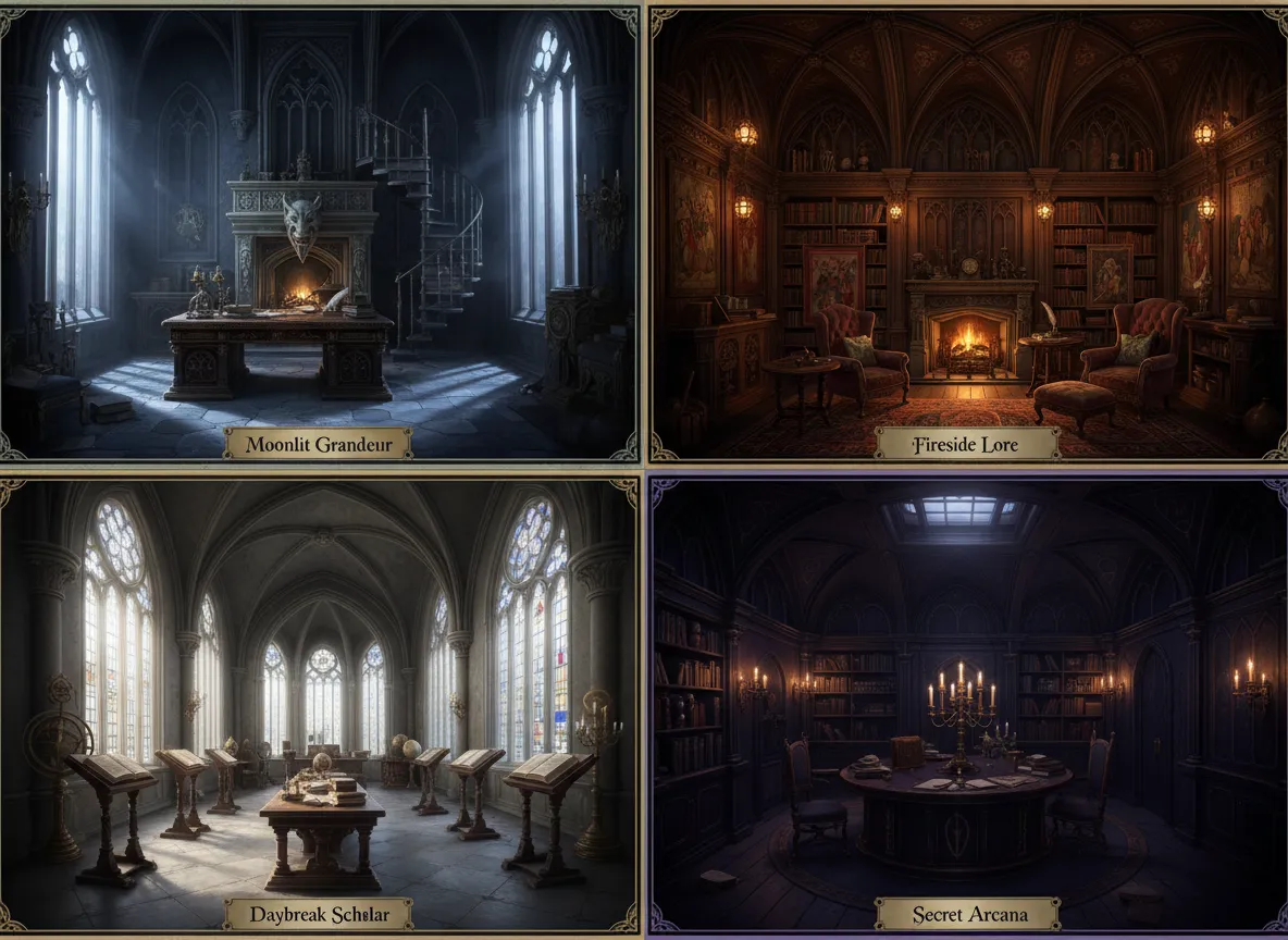 Una vista a schermo diviso che mostra quattro diversi concept generati dall'AI per uno studio in stile neogotico, ciascuno con layout e illuminazione unici.
