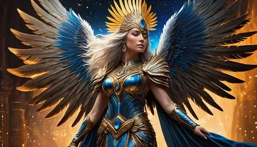A majestic, photorealistic digital illustration in a fantasy, mythological, and science-fiction-inspired style, featuring a divine female figure (goddess or celestial priestess) with elaborate golden,