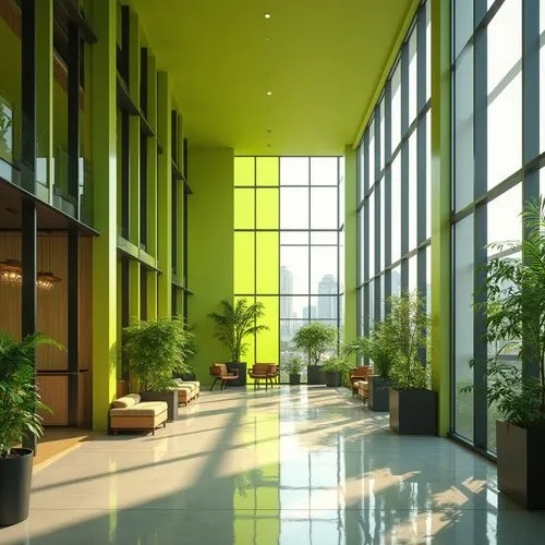 Modern office building, lime green accents, glass facade, sleek lines, minimalist architecture, urban cityscape, bright sunlight, warm atmosphere, 3/4 composition, low-angle shot, vibrant lime-colored