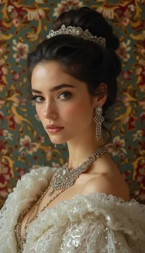 A perfect portrait in oil: a woman's elegant features and intricate silver jewelry, with adornments, stand out against a rich carpet-like carpet. Her hair, a masterpiece of patterns, contrasts the whi
