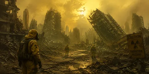 a destroyed cityscape that was destroyed by nuclear bombs, men in hazmat suits patrolling the area, fallen skyscrapers, yellow hue
,the ruins of a factory are scattered across the city with men walkin