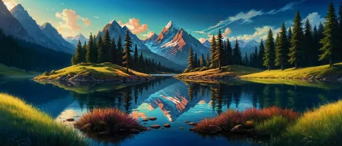 there is a painting of mountains and the sky reflecting in a river,world digital painting,landscape background,mountain landscape,nature background,mountain scene,mountain lake,nature landscape,fantas