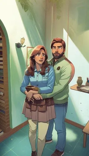 a man and woman are standing in a room,innkeepers,cohabiting,cute cartoon image,homesteaders,parents,man and wife,domesticity,maternity,young couple,couple boy and girl owl,as a couple,cohabited,plumb
