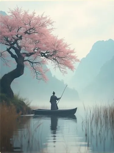 tracking shot, tranquil beautiful rural scene, an ancient Chinese fisherman wearing demoiselle and kasa standing on a small ancient Chinese fishing boat leaving from big old pink peach tree , reeds in