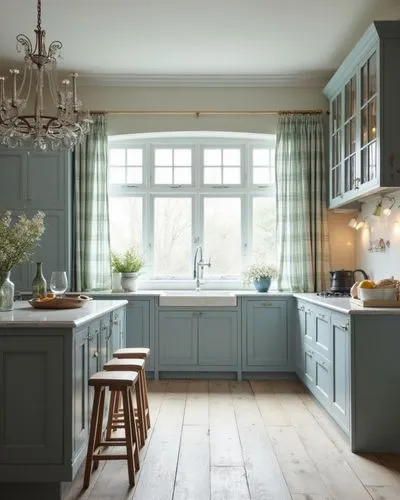 A serene indoor design emphasizing natural materials and a muted blue palette. The cabinetry in soft grey-blue tones is paired with rustic wooden flooring and a marble-textured island. A large window 