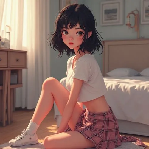 A captivating anime-style portrait of a wide-eyed young woman, rendered in ethereal line art. She wears a cropped t-shirt, her midriff exposed, a pleated plaid skirt, white socks with sneakers. Her bl