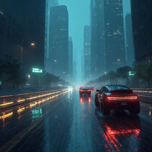 Create a cinematic image of a high-speed chase through a dystopian labyrinth. Futuristic vehicles, armored and sleek, tear along rain-soaked, elevated highways beneath a cascade of holographic droplet