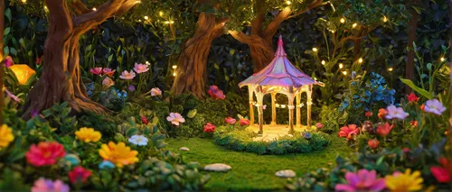 Craft a magical stage in a fairy garden with flowers and twinkling lights.,fairy village,fairy forest,fairy house,fairy world,fairytale forest,fairy lanterns,enchanted forest,fairy chimney,dandelion h