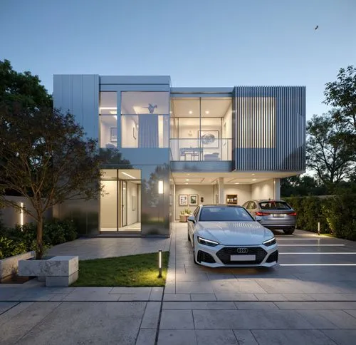 two car parked in front of a large home,modern house,modern architecture,luxury home,modern style,3d rendering,residential house,fresnaye,residential,cube house,contemporary