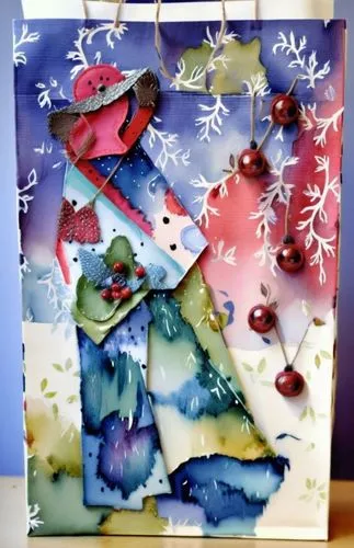 paper bag covered in fabric with ornaments and a lady with an umbrella,watercolor valentine box,fused glass,glass painting,art soap,abstract painting,watercolor frame