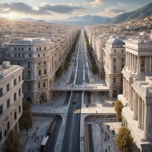 create a city made entirely of marble, as if it were ancient, beautiful, with a first floor tram that crosses the city, also made of marble,ancient rome,via della conciliazione,elevated railway,the tr