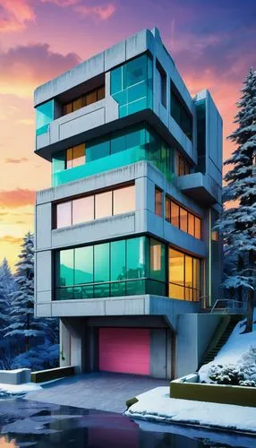 A large three-story house prepared for a zombie apocalypse in a place that has a deep river, a forest and lots of snow around this house. And it also has a concrete wall and a reinforced gate.,a build