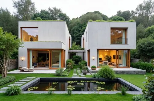 dos casas linderas , minimalistas , de estilos diferentes , con paredes de mamposteria estucada , en colores engamados y carpinterias de madera , panelo solar en el techo  y un jardin circundate , con