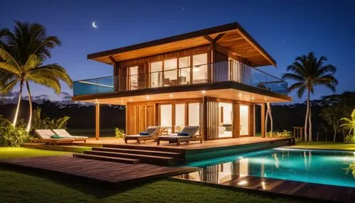 A tiny beach house in Bahia, Brazil. It features an extensive lawn, a pool, and a tall house with abundant use of wood and glass,tropical house,holiday villa,pool house,luxury property,beach house,bea