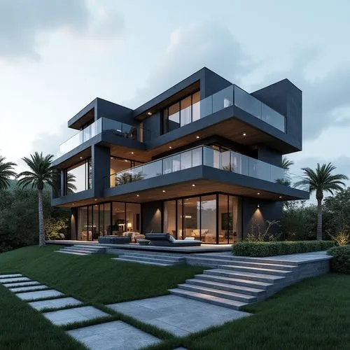 A contemporary, multi-story luxury residence showcasing a bold, geometric composition of stacked rectangular volumes in deep charcoal and slate hues. The façade features sleek glass railings, spacious