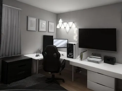 Gaming room, dark room with LED strip lights, white desk, black leather sofa at front
,working space,modern room,modern office,work space,render,blur office background,3d rendering,desk,fractal design